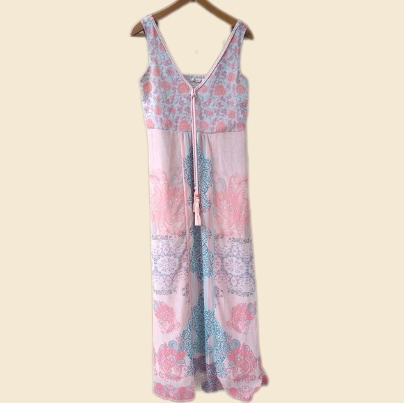 Soft Surroundings Guadalupe Maxi Boho Beach Hawaii Pink Teal Tassle Dres… - Picture 4 of 14